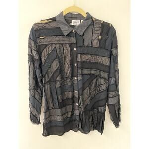 Vintage Chico's Design Black Patchwork Silk Blend Button Up Blouse Women's M